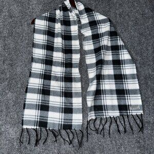 Pashmina Silk Scarf Black Gray White Plaid Fringed Edge 60" by 11.5"